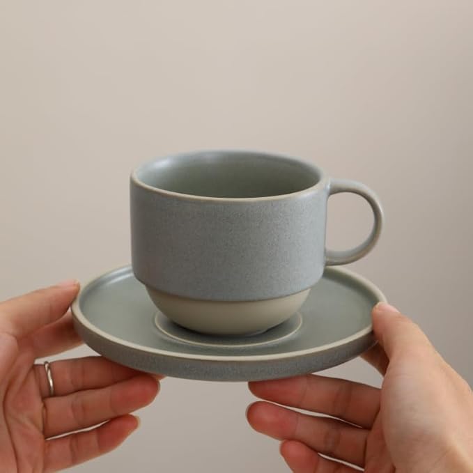 Stackable 8oz Minimalist Handmade Ceramic Cappuccino Cup with Saucer ??Small Stoneware Coffee Mug, Lead-Free Latte Art Mug竊똇andmade Pottery tea mug or tea cup (Matte Gray)