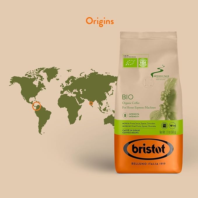 Bristot Bio Organic Italian Espresso Beans ??Whole Bean Coffee, Medium Roast ??Smooth & Aromatic with Spices, Caramel & Sandalwood Notes ??1.1 lb (500 g), Certified USDA Organic