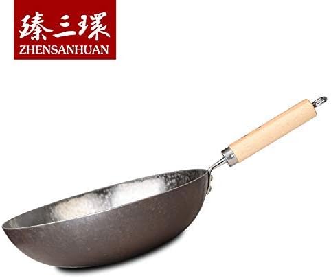 ?삡툒??ZhenSanHuan Chinese Hand Hammered Iron Pow Woks and Stir Fry Pans Wooden Handle (Silver-34cm)