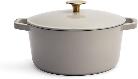 Milo by Kana 3.5-quart Enameled Cast Iron Dutch Oven with Lid | Premium Casserole Cooking Pot | Enamel Coating Inside and Out | Oven Safe and Dishwasher Friendly (Pebble with Gold Knob)