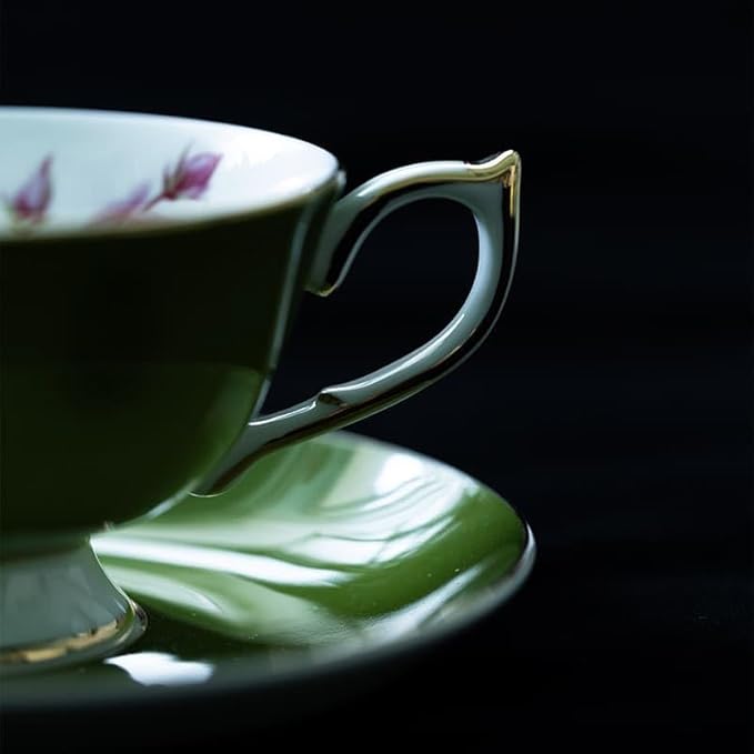 Aynsley Elizabeth Rose Fine Bone China Teacup and Saucer Set - 6.76oz Hand-Painted Gold-Trimmed Floral Vintage Set, Fancy Gift for Christmas/Wedding/New Year(Green)