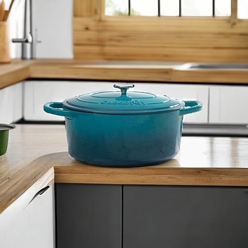 Crock-Pot Artisan 5-Quart Round Enameled Cast Iron Dutch Oven ??Teal Ombre, Durable Heavy-Duty Cookware for Slow Cooking, Roasting, Baking with Lid
