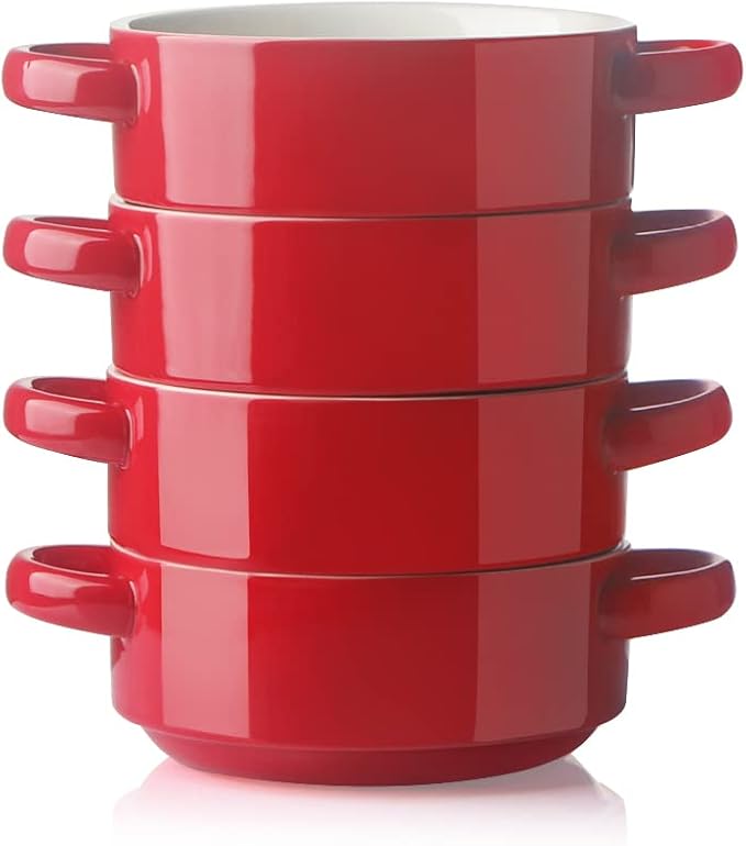Sweejar Ceramic Soup Bowls with Double Handles, 20 Oz Stacked Bowls for French Onion Soup, Cereal, Pot Pies, Stew, Chill, Pasta, Set of 4 (Red)