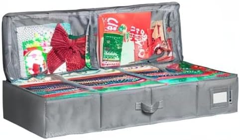 HOLDN??STORAGE Premium Wrapping Paper Storage Container - Durable 600D Tear-Proof, Fits 27 Rolls Gift Wrap, Extra Pockets for Ribbons & Bows, Underbed Storage - Ideal for Holiday Christmas, Gray