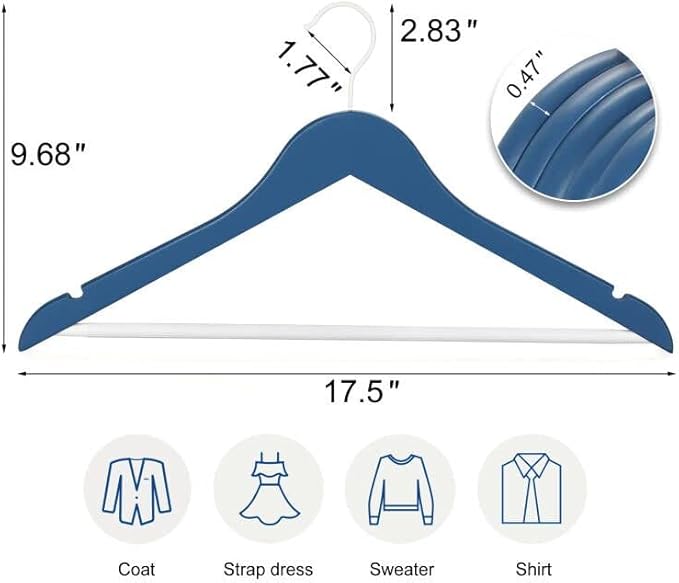TOPIA HANGER Premium Wooden Hangers with Non-Slip Pant Bar, 360째Swivel Hook and Shoulder Notches, 16 Pack Solid Wood Clothes Hangers for Suit, Coat, Jacket, Camisole(Blue/White)-CT35BW1