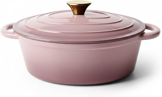 Vintage Style Oval Dutch Oven for Bread Baking, 4.5 Quart Non Stick Enameled Cast Iron Dutch Oven Pot with Lid, Oven Safe Oval Casserole with Lid up to 500째F for Baking, Braising, Stews, Roasting, Pink
