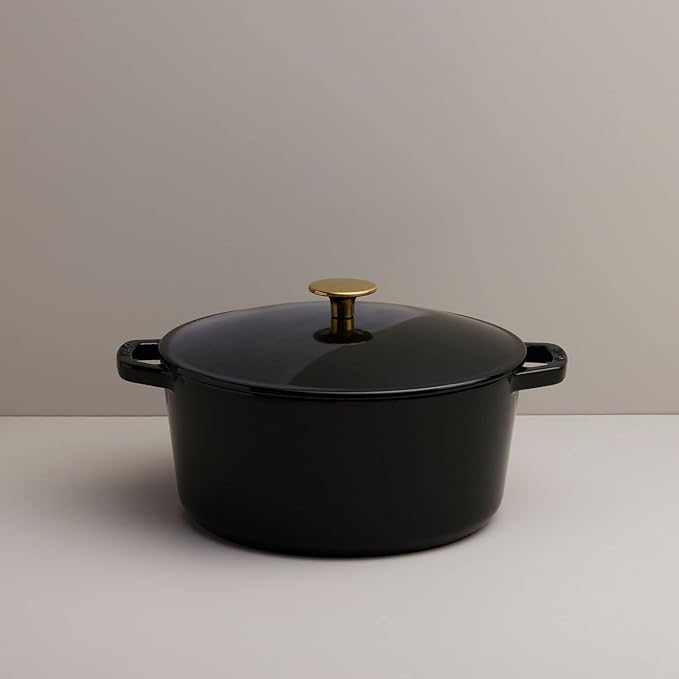 Milo by Kana 5.5-quart Enameled Cast Iron Dutch Oven with Lid | Premium Casserole Cooking Pot | Enamel Coating Inside and Out | Oven Safe and Dishwasher Friendly (Gloss Black with Gold Knob)