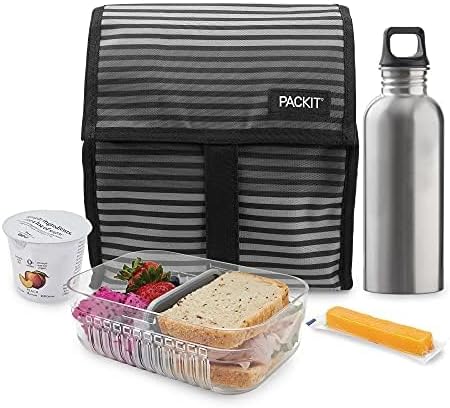PackIt Freezable Lunch Bag with Zip Closure, Gray Stripe, 8-Inch
