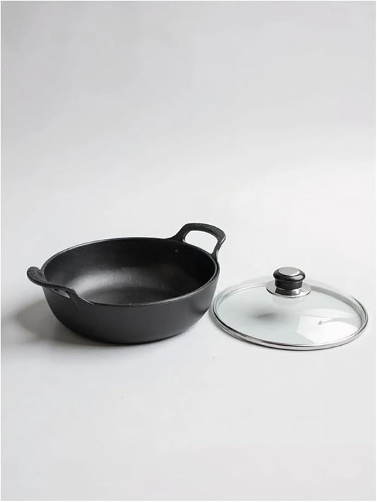cast iron Dutch oven large-capacity pot with lid is used for baking bread and stewing meat-heavy-duty casting cooker iron pot is used for stewing, baking and bread baking. (Glass cover, 7.9in*3in)