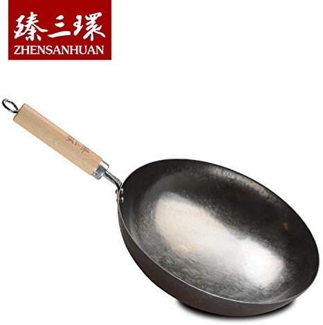 ?삡툒??ZhenSanHuan Chinese Hand Hammered Iron Pow Woks and Stir Fry Pans Wooden Handle (Silver-34cm)