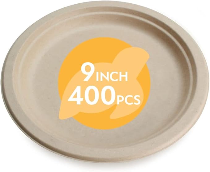 100% Compostable Disposable Paper Plates Bulk [9" 400 Pack],Bamboo Plates, Eco Friendly, Biodegradable, Sturdy Large Dinner Party Plates, Heavy-Duty, Unbleached by Earth's Natural Alternative