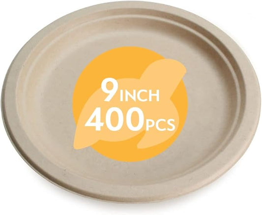 100% Compostable Disposable Paper Plates Bulk [9" 400 Pack],Bamboo Plates, Eco Friendly, Biodegradable, Sturdy Large Dinner Party Plates, Heavy-Duty, Unbleached by Earth's Natural Alternative