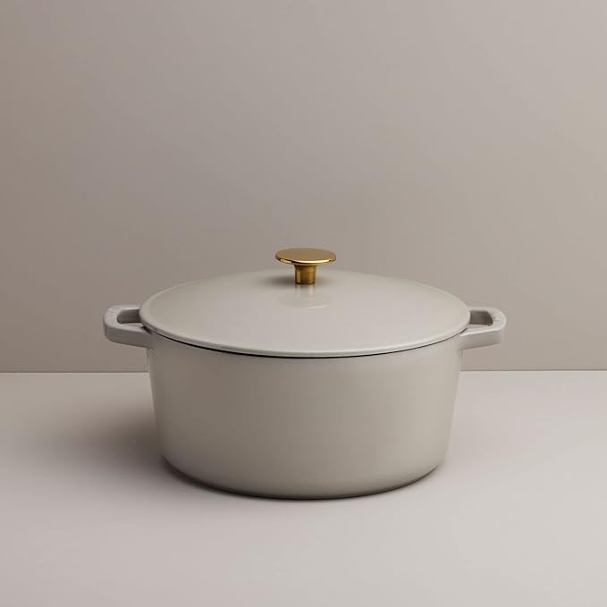 Milo by Kana 5.5-quart Enameled Cast Iron Dutch Oven with Lid | Premium Casserole Cooking Pot | Enamel Coating Inside and Out | Oven Safe and Dishwasher Friendly (Pebble with Gold Knob)