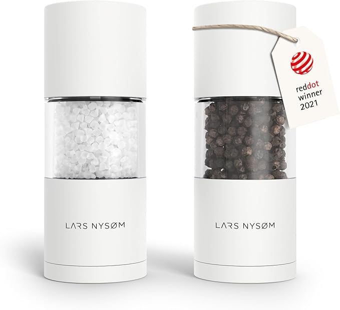 LARS NYS횠M Salt and Pepper Grinder Set I Salt and Pepper Mills with Adjustable Ceramic Grinder 2 pieces I Manual Design Spice Mill Set (Pure White)