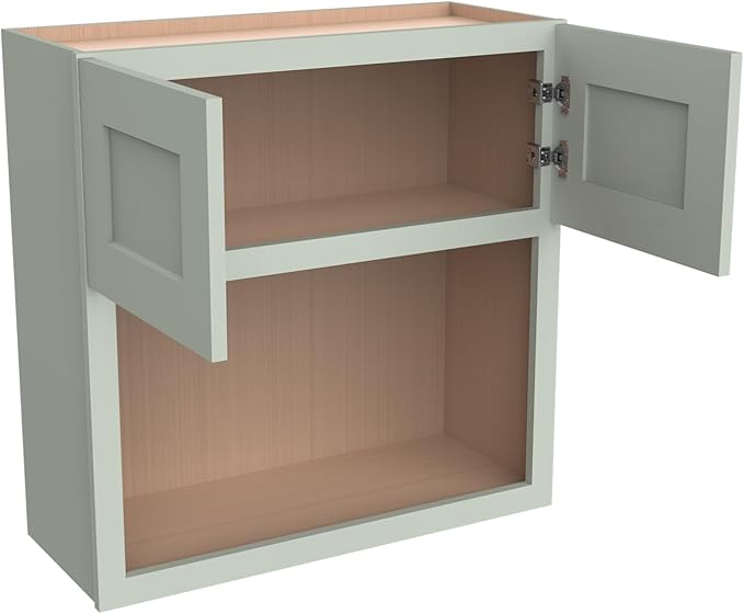 Solid Wood RTA Wall Microwave Cabinet with Open Shelves ??Shaker Style, Space-Saving Kitchen Pantry Storage, Durable and Versatile Wall-Mounted Organizer (SK-Jade Green, 30" W x 24" D x 42" H)