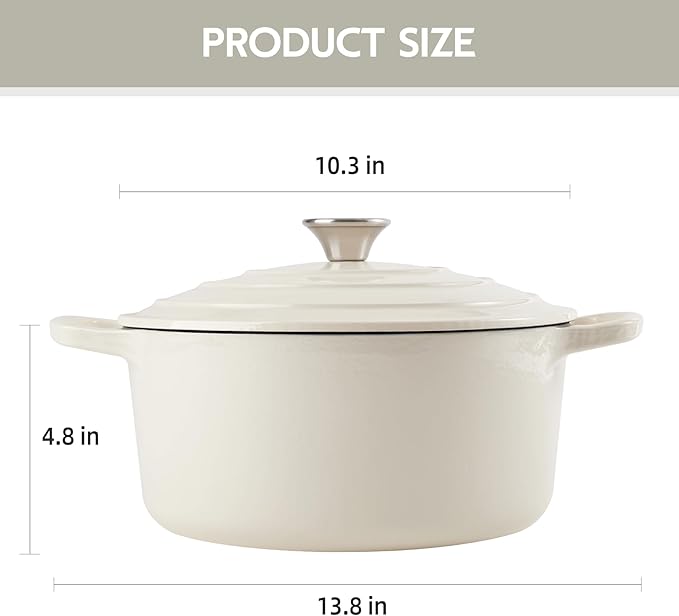 6 Quart Dutch Oven Enameled Cast Iron with Lid - Big Dual Handles - Oven Safe up to 500째F - Classic Round Pot for Versatile Cooking (Cream, 6 QT)