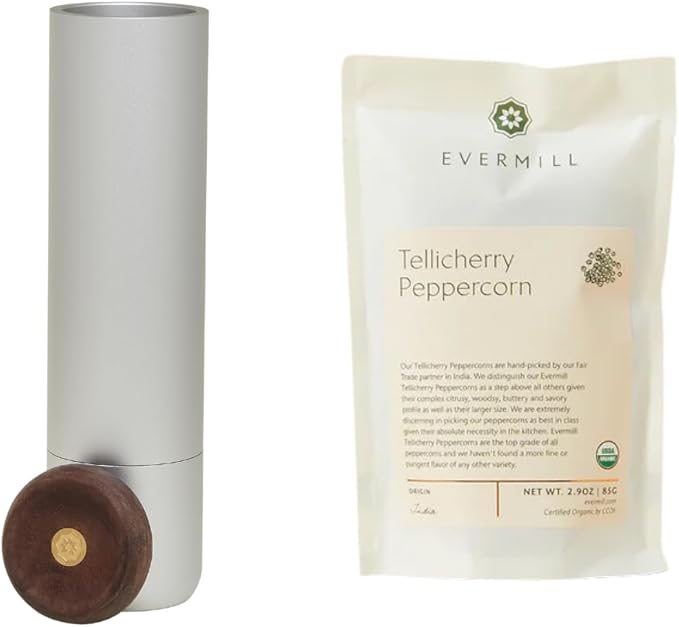 Evermill Premium Pepper Mill with Tellicherry Peppercorns, Anodized Aluminum Body, Wooden Cap, 26 Grind Settings, Manual Grinder (Silver with Walnut)