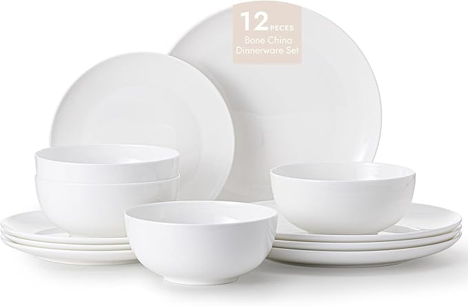 KINGSTONE 12-Piece Bone China Dinnerware Set for 4, Lightweight and Durable, Microwave and Dishwasher Safe, White Plates and Bowls for Everyday Use