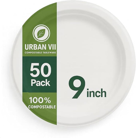 9-Inch Compostable Paper Plates ??Heavy-Duty Disposable Bagasse (Sugarcane Fiber) Plates, Eco-Friendly Biodegradable Dinnerware, Microwave-Safe & Leak-Proof (50-Pack)