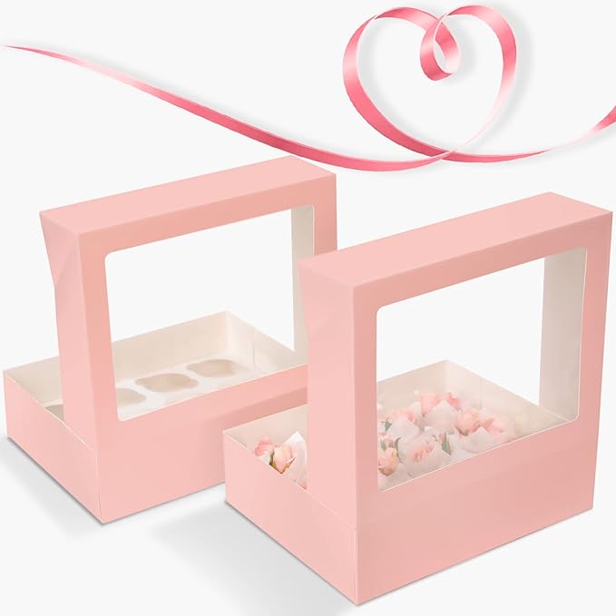 qiqee Auto-pop Up Cupcake Boxes with Window Pink 40PCS 12 Count Cupcake Box 13"x10"x3.5" Cupcakes Carrier, 12 Cupcake Containers with 2 rolls of pink ribbons