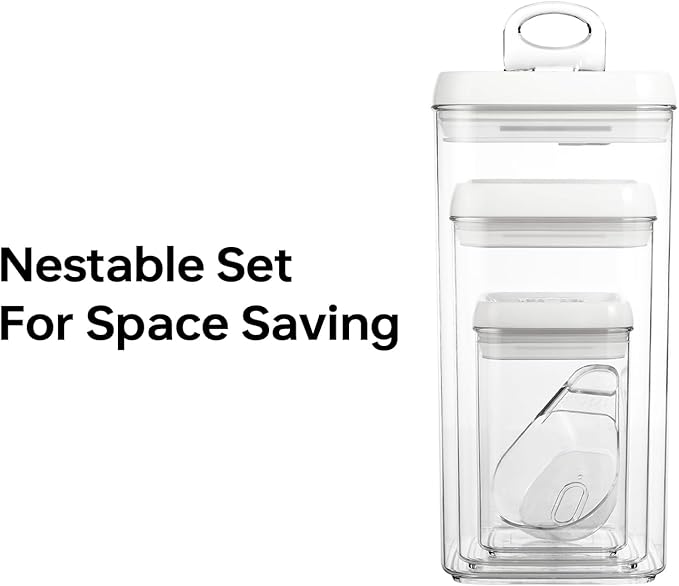 Felli Flip Tite Acrylic Food Storage Container with Lid 6??XL Air Tight Ring Seal Flip Top, Plastic Kitchen Baking Canister for 5 lb Flour Protein Powder Pantry Organizer (Nest-L, White) With Scoop