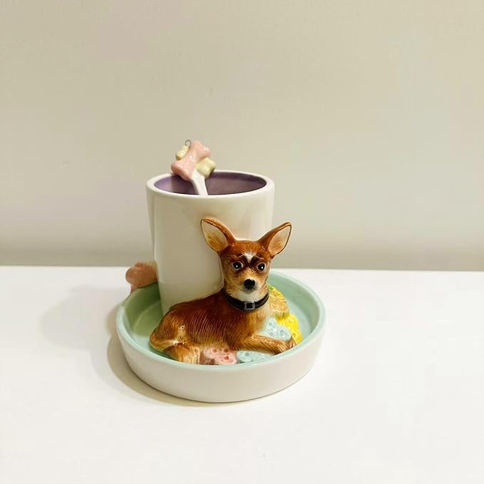 Ceramic Animal Coffee Mug Cup and Saucer Set竊?00ML(6.8OZ) 3D Hand-painted Tea Cup with Spoon (Brown)