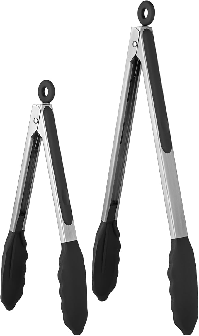 600쨘F Heat Resistant Kitchen Tongs: U-Taste 9+12 inch Silicone Cooking Tong Set with Firm Sealed Non Stick Rubber Tips and Silicon Coated 18/8 Stainless Steel Handle for Serving Grilling Salad (Black)