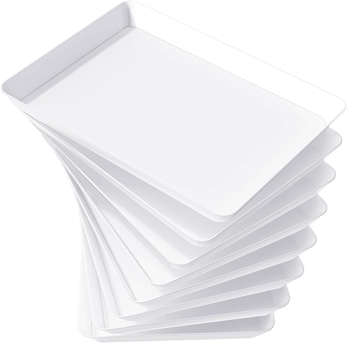 Lifewit Plastic Serving Tray for Party, 8 Pcs White Trays for Serving Food, Reusable Platters for Buffet, Fruit, Cookie, Charcuterie, Appetizer, Snack, Rectangle, New Year Party Supplies, BPA Free