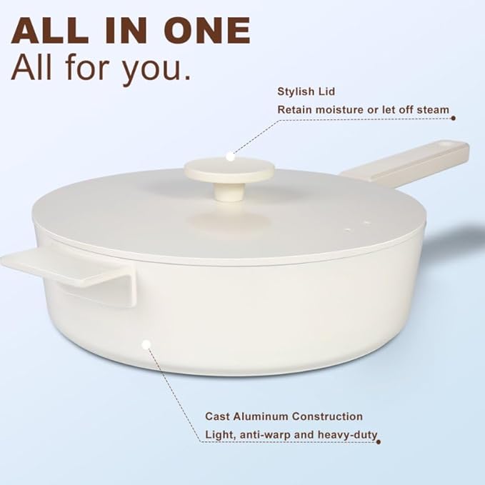 11 Inch All in One Pan with Lid Ceramic Nonstick and 9.5 Inch Circle Pan,Multifunctional Cookware for Vertasile Cooking and (Beige)