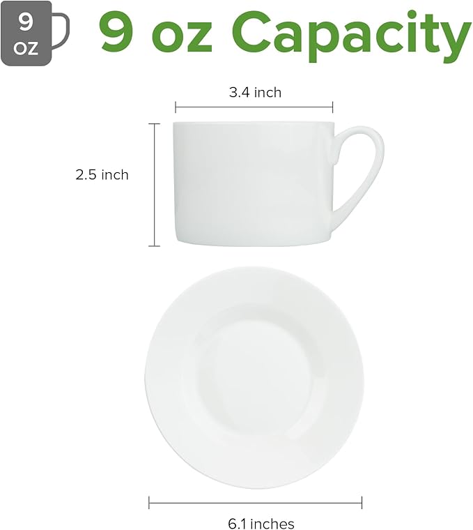 Fine Bone China Tea Cup and Saucer Set of 6, 9oz for Latte, Americano and Tea, Pure Milk White Color With Fine Glaze Easy to Clean, Thin and Lightweight Comfortable to Hold, Microwave Dishwasher Safe