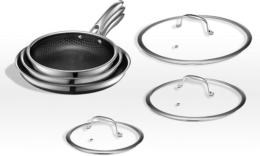 HexClad Hybrid Nonstick 6-Piece Fry Pan Set, 8, 10, and 12-Inch Frying Pans with Tempered Glass Lids, Stay-Cool Handles, Dishwasher-Friendly, Induction Ready, Compatible with All Cooktops