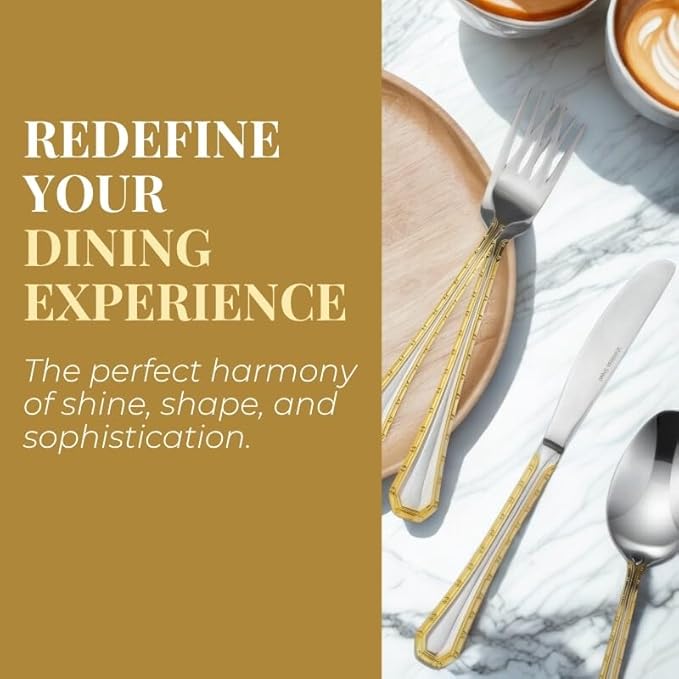 18/10 Stainless Steel Flatware Set - 20pc Italian Collection Style Tableware with Gold Geometric Border - Elegant Design for Home and Kitchen Use - Ideal for Wedding Gifts (Damascus (20 Piece)