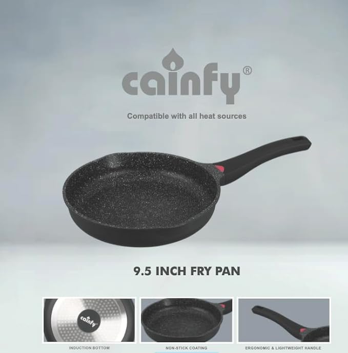 9.5 Inch Non Stick Frying Pan Granite Coated with Pour Spout - 1.9 Quart Skillets & Frying Pans with Comfort Stay Cool Grip Handle - Induction Compatible- Non Toxic PFOA Free Cookware (Black)