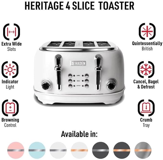 HADEN Heritage Toaster with Extra Wide Slots, 1500-Watt, Ivory & Chrome - Retro Stainless Steel Design with Self-Centering Function, Adjustable Browning Control & Removable Crumb Tray
