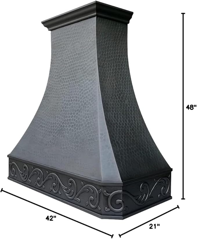 CT Copper Tailor Copper Vent Hood Wall Mount,42'' W,48''H, 1150 CFM Exhaust Fan,Stainless Steel Vent,LED Light,Dishwasher-Safe Baffle Filters,Light Hammered-Dark Patina,VH3A