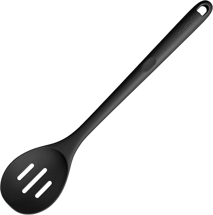 600쨘F Heat Resistant Slotted Spoon: U-Taste 13.3in Solid Kitchen Cooking Spoon, Nonstick Food Grade Large & Long Rubber Utensil for Mixing, Serving, Stirring, Basting, Frying, Draining (Black)