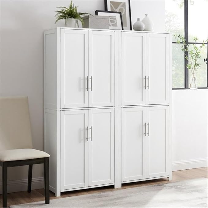 BOWERY HILL 4-Cabinet Wood Tall Pantry in White/Chrome (Set of 2)