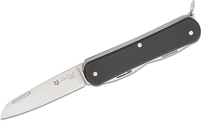 Fox Knives Vulpis FX-VP130-F4 Slipjoint Folding Knife 4-in-1 Multitool 2.17in Blade, Bottle Opener, Can Opener, Flat Head Screwdriver, Scissors - Compact Versatile Minimalist Pocket Knife (Black)
