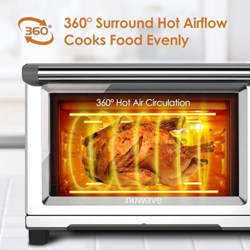 Nuwave Bravo Air Fryer Toaster Smart Oven, 12-in-1 Countertop Convection, 30-QT XL Capacity, 50째-500째F Temperature Controls, Top and Bottom Heater Adjustments 0%-100%, Brushed Stainless Steel Look