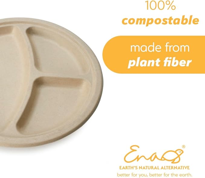 100% Compostable Disposable Paper Plates Bulk [10" 3-Comp 50 Pack], Bamboo Plates, Eco Friendly, Biodegradable, Sturdy Large Dinner Party Plates, Heavy-Duty, Unbleached by Earth's Natural Alternative