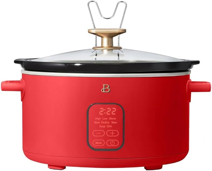 Beautiful 6 Quart Programmable Slow Cooker by Drew Barrymore ??Large Capacity, Ceramic Removable Pot, Tempered Glass Lid, Dishwasher Safe, Auto Keep Warm (Tomato Red)