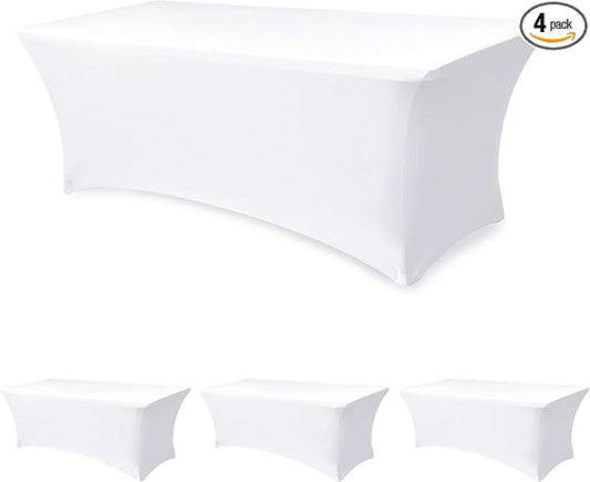 Enjoyidea Table Cover for 6 foot Rectangle Tables-4 Pack White Fitted Stretch Tablecloth-Elastic Spandex 6ft Folding Tablecloths for Party, Vendor Booth Display, Banquet Buffet Event, Craft Trade Show