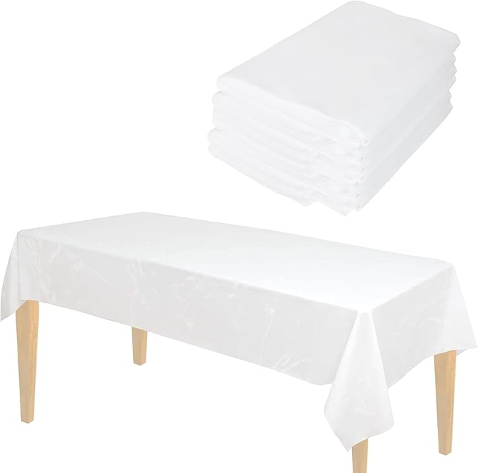 TULLIPAK BULK White Plastic Tablecloths | 100 Pack | 54inx108in | Fits standard folding and picnic tables | Folded, Easy Grab & Go | Rectangle Disposable Waterproof | 100 TABLECLOTHS | MADE IN THE USA