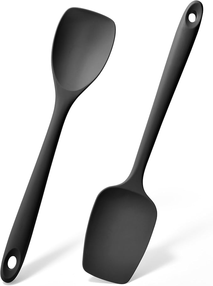 Doosu Silicone Spoon Spatula Set of 2, 600쨘F Heat-Resistant Food Grade Rubber Spoonula with Seamless Design, Non-Stick Dishwasher Safe Kitchen Utensils for Cooking, Baking, Mixing, Scraping (Black)