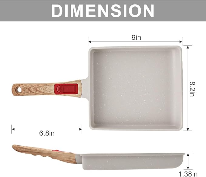 Nonstick Tamagoyaki Pan Large, Japanese Omelette Square Egg Pan Nonstick, Detachable Handle, PFAS & PFOA-Free, Oven Safe, 9" x 8.2"