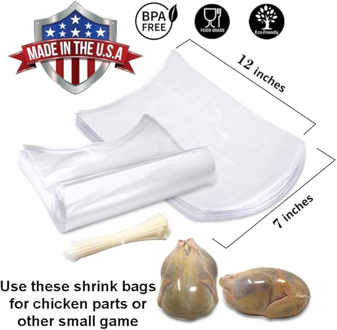 Poultry Shrink Clear Bags for Chicken Parts - 7 inch x 12 inch with zip ties BPA Free, MADE IN USA (25)