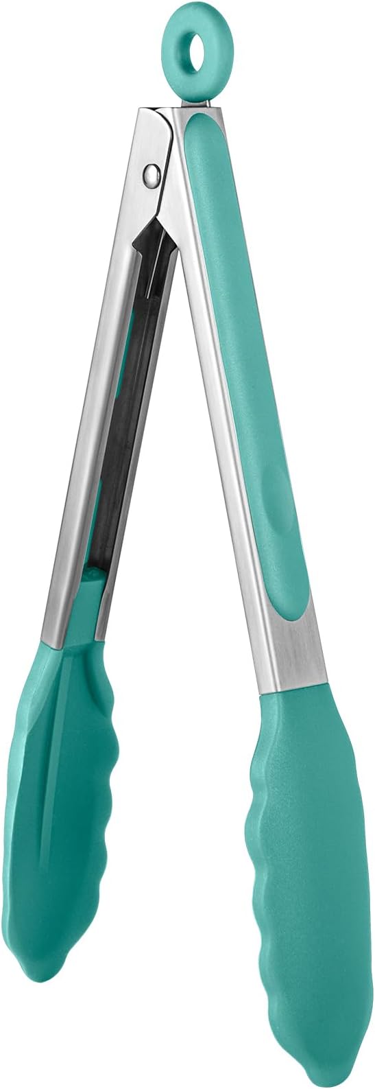 600쨘F Heat Resistant Kitchen Tongs: U-Taste 9 inch Silicone Cooking Tong with Firm Sealed Non Stick Rubber Tips & Silicon Coated 18/8 Stainless Steel Handle & Smooth Locking for Serving Salad-Aqua Sky