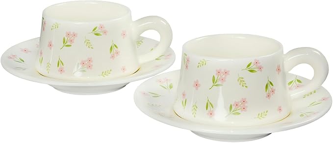 Tea Cup and Saucers, 9.5 oz Floral Tea Cups, Porcelain Teacup, Coffee Cappuccino Espresso Latte Mugs, Floral Design for Party Birthday Cafe Home, Christmas Gifting, A flower Set of 2