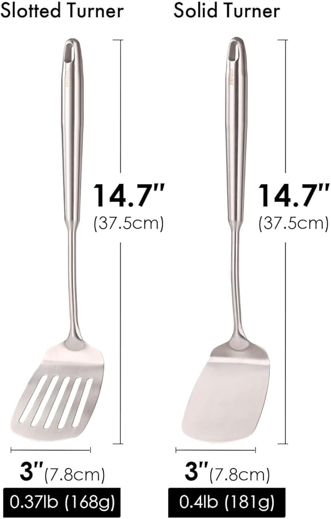 18/10 Stainless Steel Spatulas Set - All Metal Spatulas for Kitchen Use or Outdoor Grilling, 14.7??Long, Non Toxic, Heavy Duty, Commercial, Chef Grade - 1 Slotted Spatula + 1 Solid Turner for Cooking