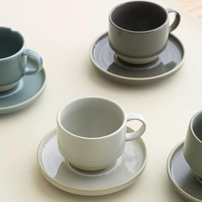 8oz Minimalist Elegant Handmade Ceramic Cappuccino Barista Cup with Saucer ??Artisanal Stoneware Espresso Coffee Mug , Lead-Free Latte Art Mug竊똇andmade Pottery tea mug or tea cup (Glossy Light Gray)